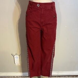 Anthropoligie Maroon High Waisted Pants with Patterned Side Trim